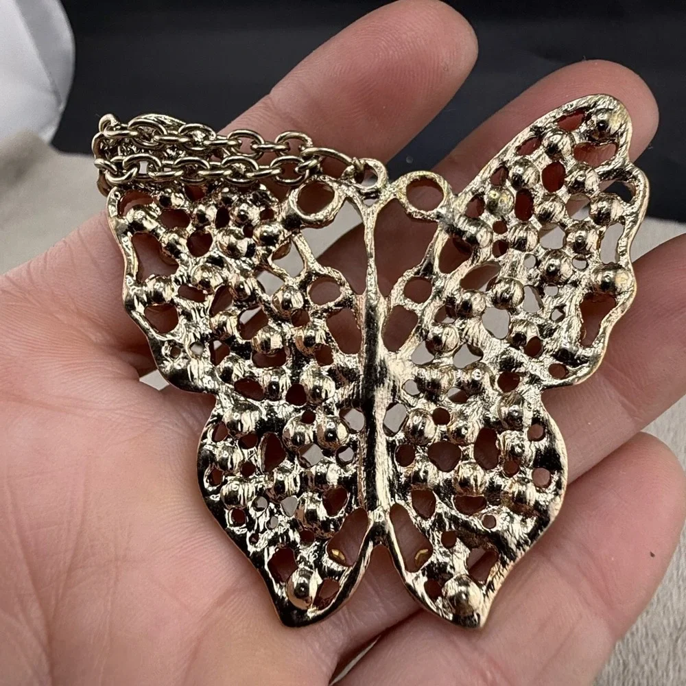 Estate Butterfly Necklace Gold Tone Rhinestone Orange Adjustable 32